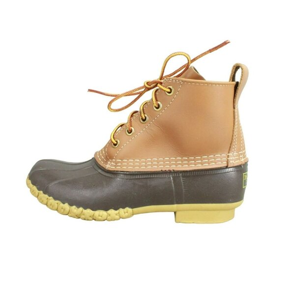 LL Bean Brown Leather Lace Up Round Toe Ankle Duck Boots Size 6 Narrow - Picture 1 of 10